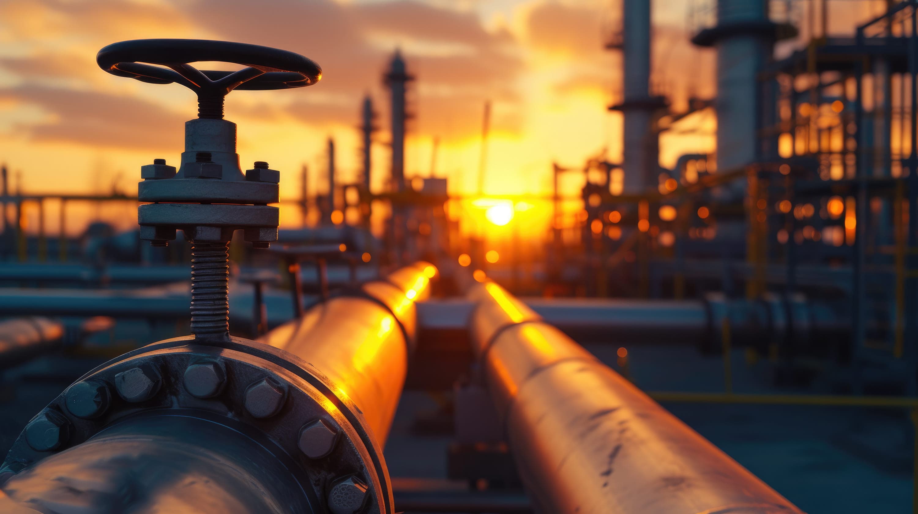 Close-up of production infrastructure at an oil and gas facility at sunset